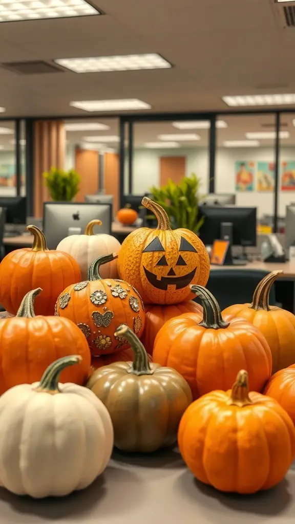 A collection of decorated pumpkins in an office setting, showcasing creativity and festive spirit.