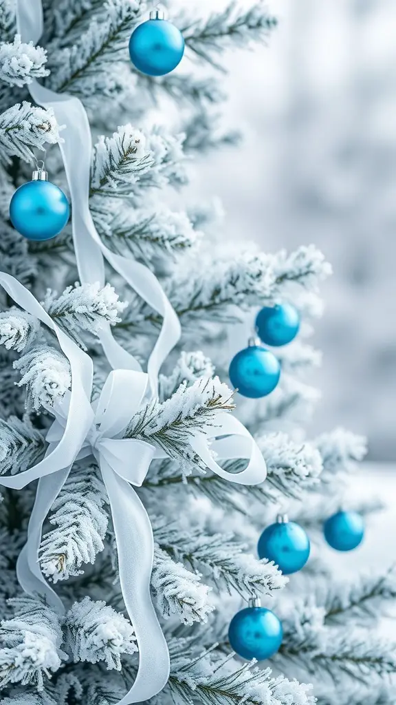 29+ Creative Christmas Tree Ribbon Decorating Ideas You’ll Love 16 A frosted Christmas tree decorated with blue ornaments and white ribbons.