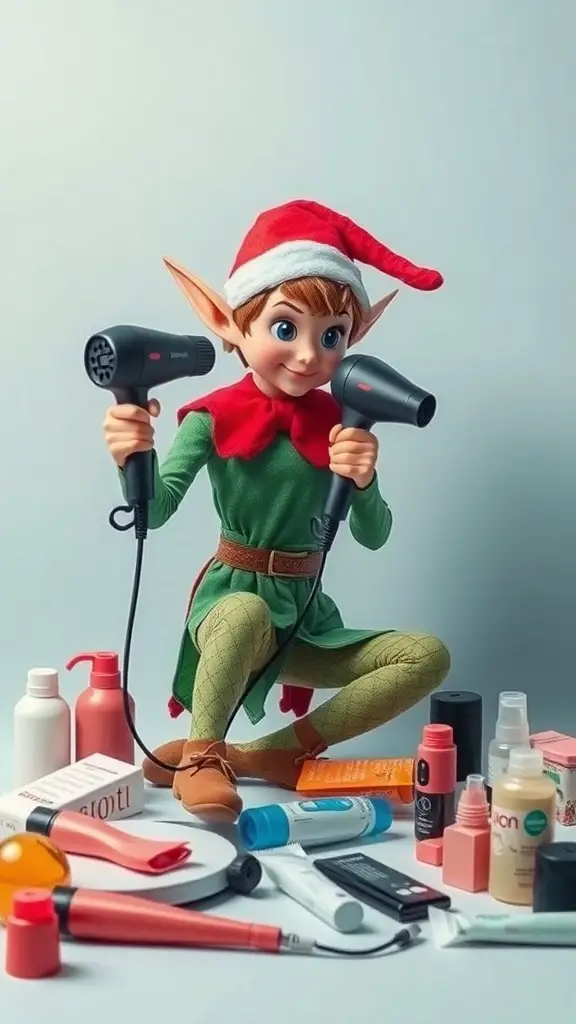 25+ Creative Elf on the Shelf Bathroom Ideas You Need to Try 11 Elf character with two hairdryers surrounded by beauty products