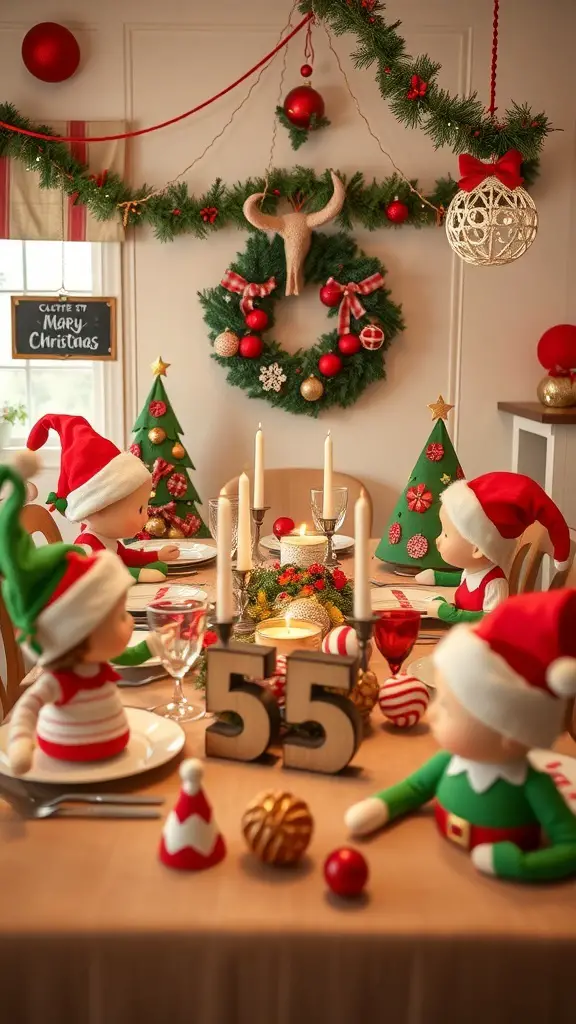 A whimsical elf-themed Christmas tablescape with elf dolls, festive decorations, and colorful tableware.