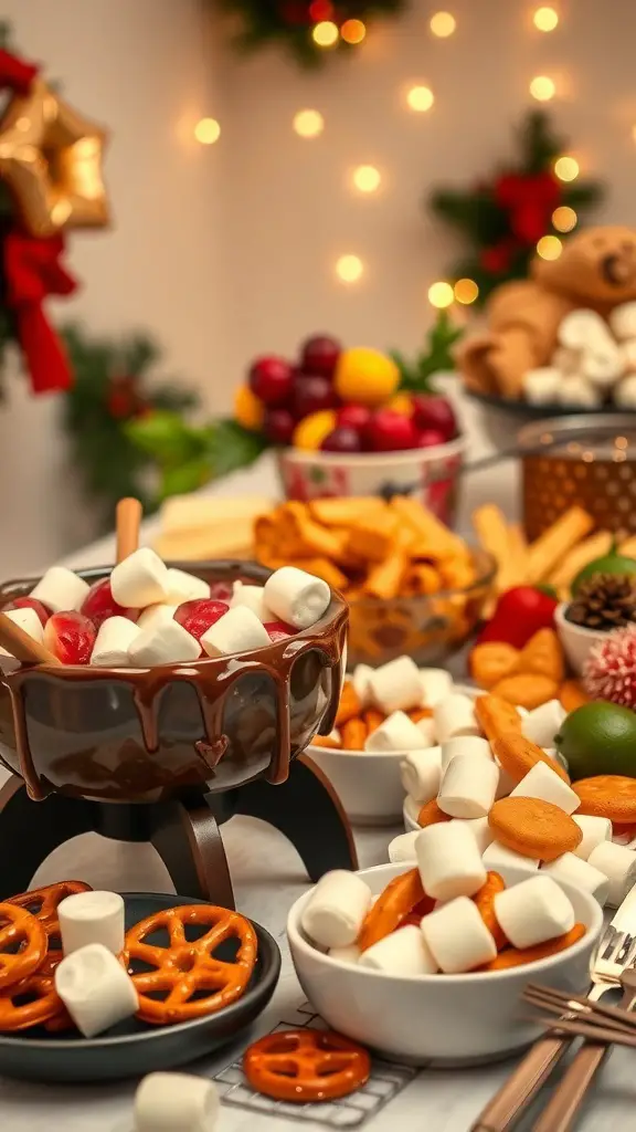 31+ Delightful Christmas Eve Food Ideas for a Festive Celebration 12 A festive chocolate fondue station with various dippables like fruits, pretzels, and marshmallows, set against a cozy holiday backdrop.