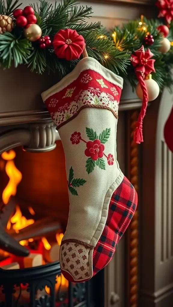 29+ Creative Sewing Projects for Handmade Christmas Gifts 9 A handmade quilted Christmas stocking hanging by a fireplace, decorated with festive patterns and colors.