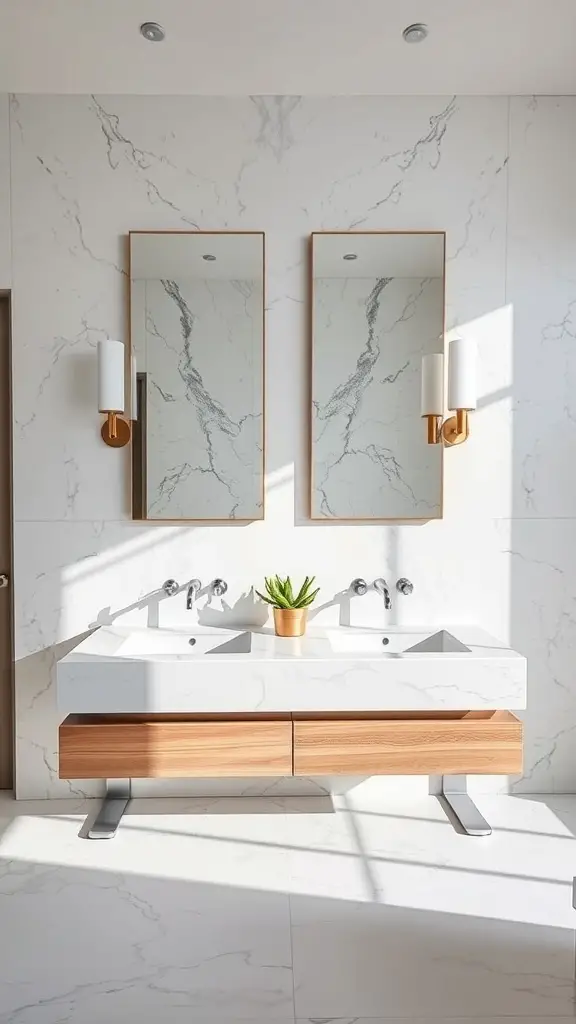 27+ Stunning Floating Vanity Ideas for Your Bathroom Renovation 4 A modern double sink floating vanity with a white marble top and wooden drawers, featuring two mirrors and wall sconces.