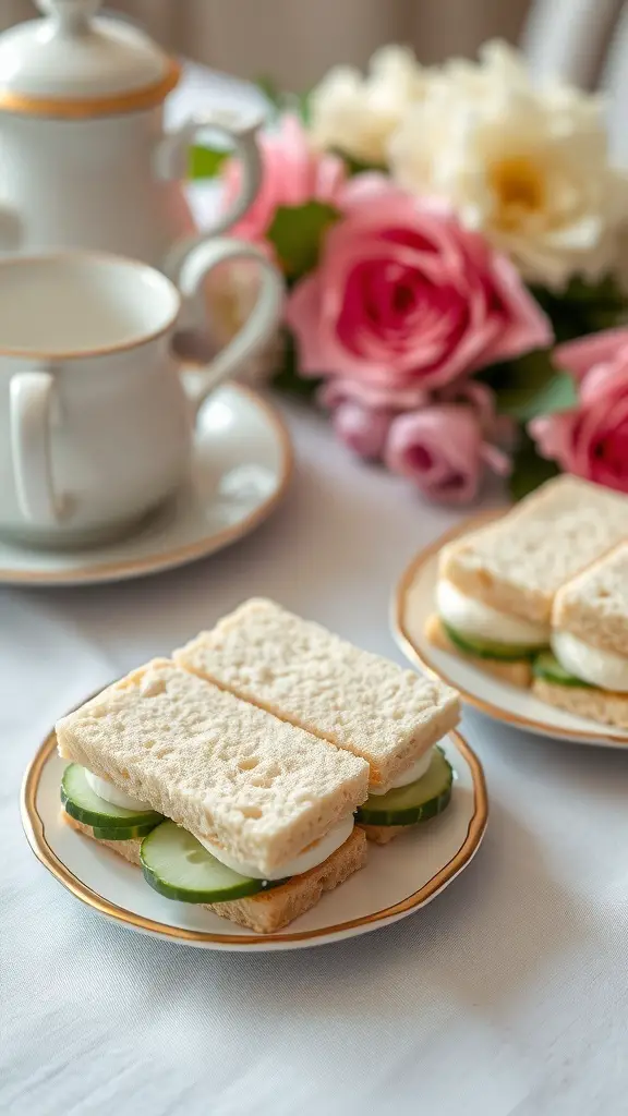 Cucumber sandwiches with cream cheese on a table with flowers and tea set