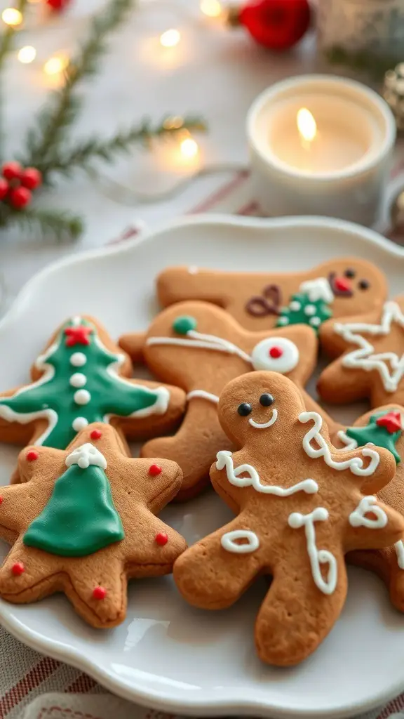 25+ Must-Have Dishes for Your Christmas Dinner Buffet 11 A plate of decorated gingerbread cookies including gingerbread men and Christmas trees, surrounded by festive decorations.