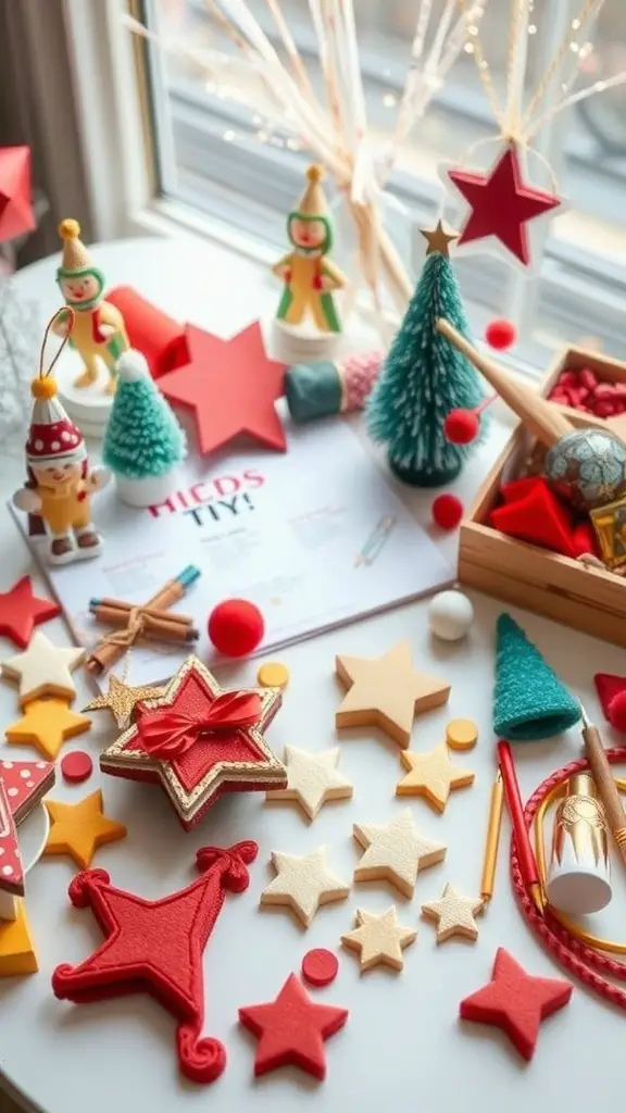 29+ Creative Christmas Stocking Ideas to Delight Everyone 6 A colorful display of DIY craft supplies for Christmas, including stars, trees, and festive figures.