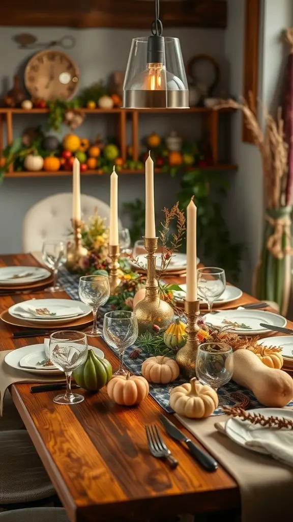 A beautifully set harvest-themed table for Thanksgiving with pumpkins, candles, and elegant glassware.