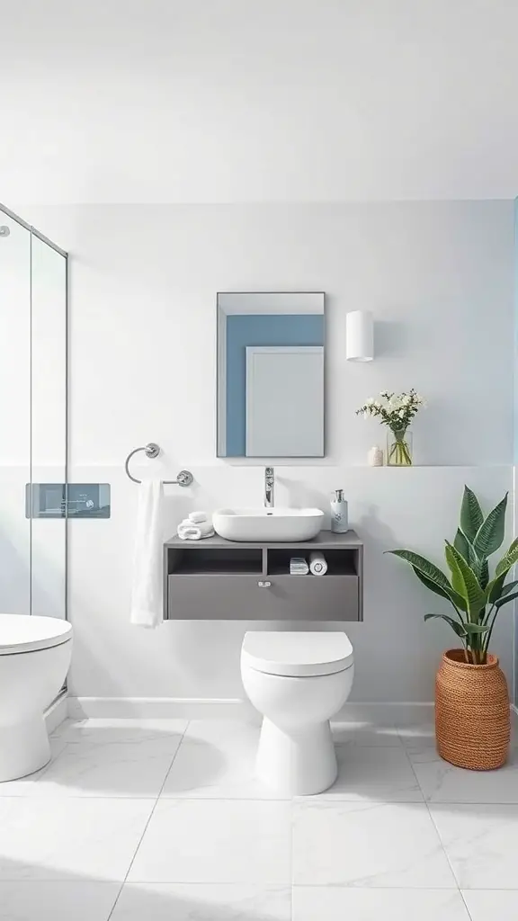 29+ Stunning Blue Bathroom Ideas You’ll Love 4 A minimalist blue bathroom with light blue walls, a floating vanity, and a small plant.