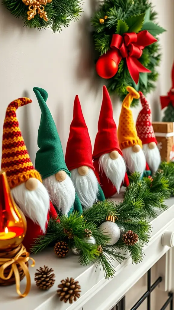 29+ Creative Sewing Projects for Handmade Christmas Gifts 12 Colorful felt Christmas gnomes displayed on a mantel with festive decorations