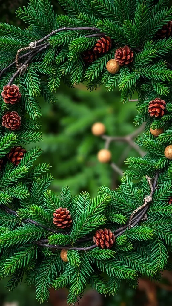 A nature-inspired evergreen wreath with pinecones and golden accents.