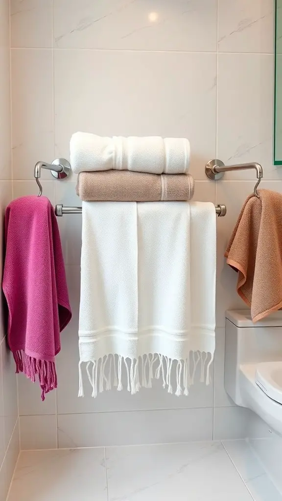 23+ Stylish Bathroom Towel Rack Ideas You’ll Love 14 A modern towel rack displaying colorful towels in a stylish bathroom setting.