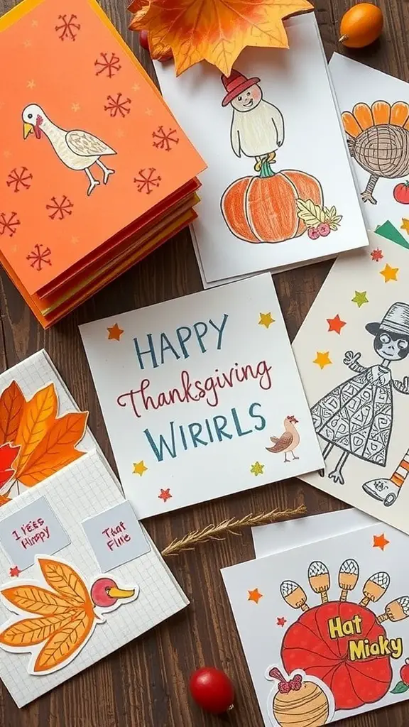 25+ Fun Thanksgiving Crafts for Kids to Make Together 14 A collection of colorful Thanksgiving cards with drawings of turkeys, pumpkins, and festive messages.