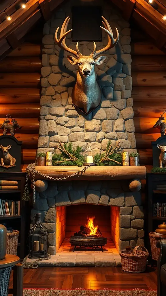 27+ Stunning Deer Mount Wall Arrangements for Every Home 7 A rustic cabin interior featuring a deer mount on a stone wall above a cozy fireplace, surrounded by natural decor.