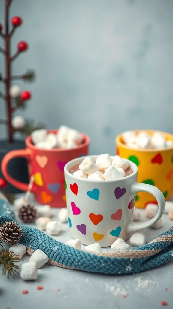 Colorful mugs filled with marshmallows, perfect for hot cocoa.