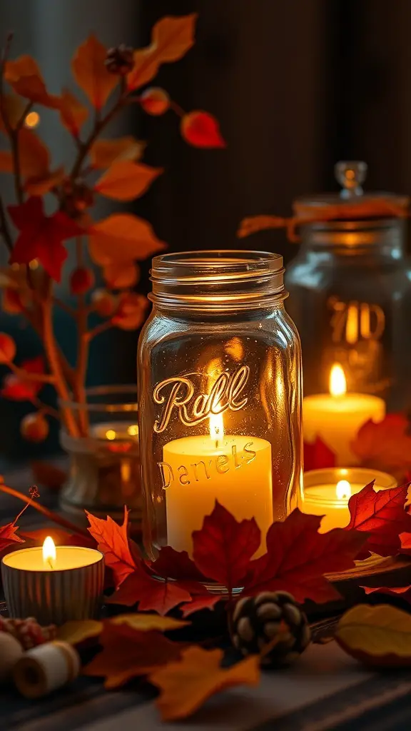 Candlelit mason jars surrounded by autumn leaves and candles