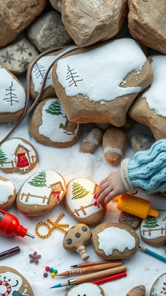 Colorful story stones with winter designs, surrounded by art supplies and a child's hand reaching for a stone.