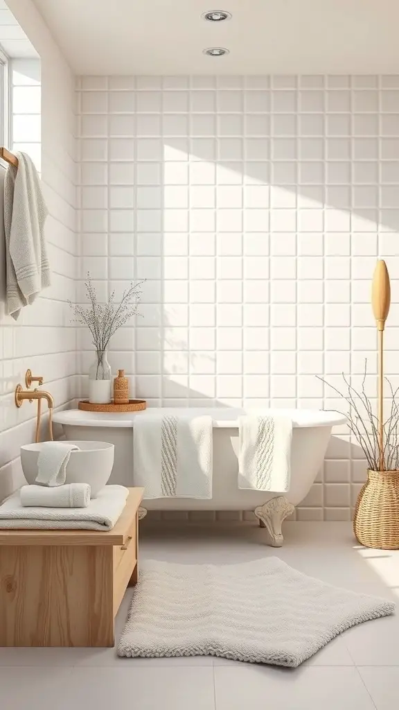 25+ Chic White Bathroom Ideas for a Timeless Look 16 A cozy bathroom featuring white textiles including towels, a rug, and a decorative basket.