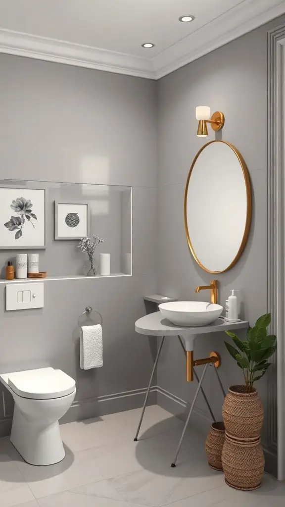 27+ Stunning Bathroom Paint Colors to Transform Your Space 4 A modern bathroom with soft gray walls, gold accents, and stylish decor.