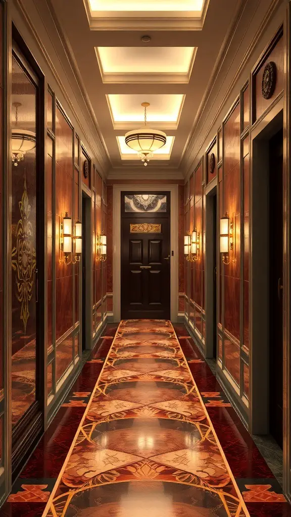29+ Creative Wall Tile Accent Strip Ideas for Stunning Interiors 11 Art Deco inspired hallway with intricate tile designs and rich wood tones