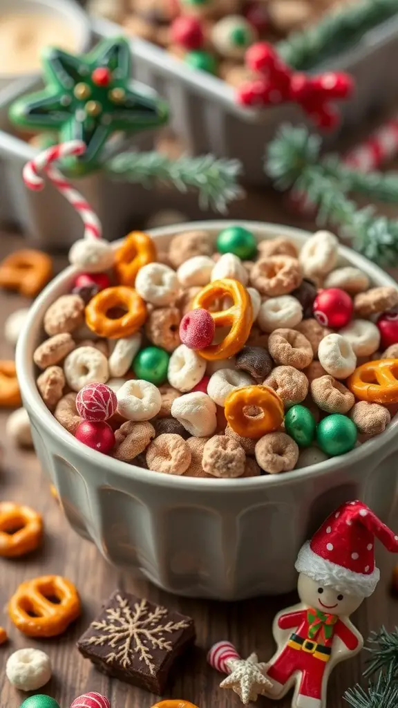 29+ Fun and Festive Christmas Snacks for Kids 14 A festive bowl of Santa's Workshop Snack Mix filled with pretzels, colorful candies, and cereal, surrounded by holiday decorations.
