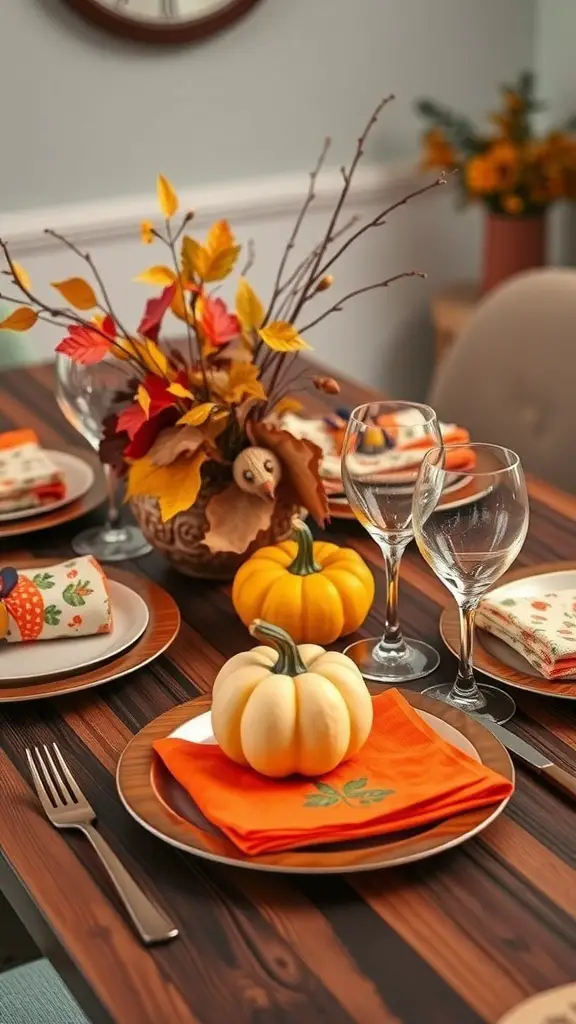 Thanksgiving dinner table setting with pumpkins, colorful leaves, and elegant tableware.