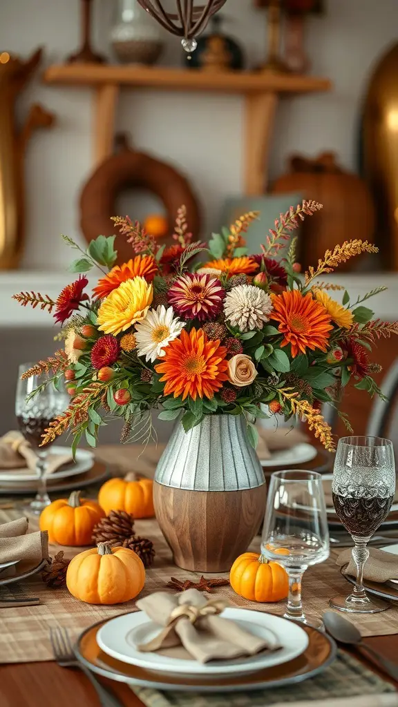 A rustic Thanksgiving table centerpiece featuring seasonal flowers in a wooden and metal vase, surrounded by small pumpkins and elegant table settings.