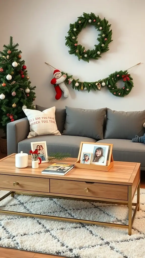 25+ Creative Christmas Coffee Table Decor Ideas to Elevate Your Holiday Style 12 A cozy coffee table decorated with family photos, a Christmas tree, and festive ornaments.