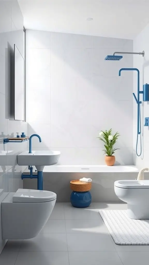 29+ Stunning Blue Bathroom Ideas You’ll Love 12 A modern bathroom featuring blue fixtures including a showerhead, faucet, and decorative stool.