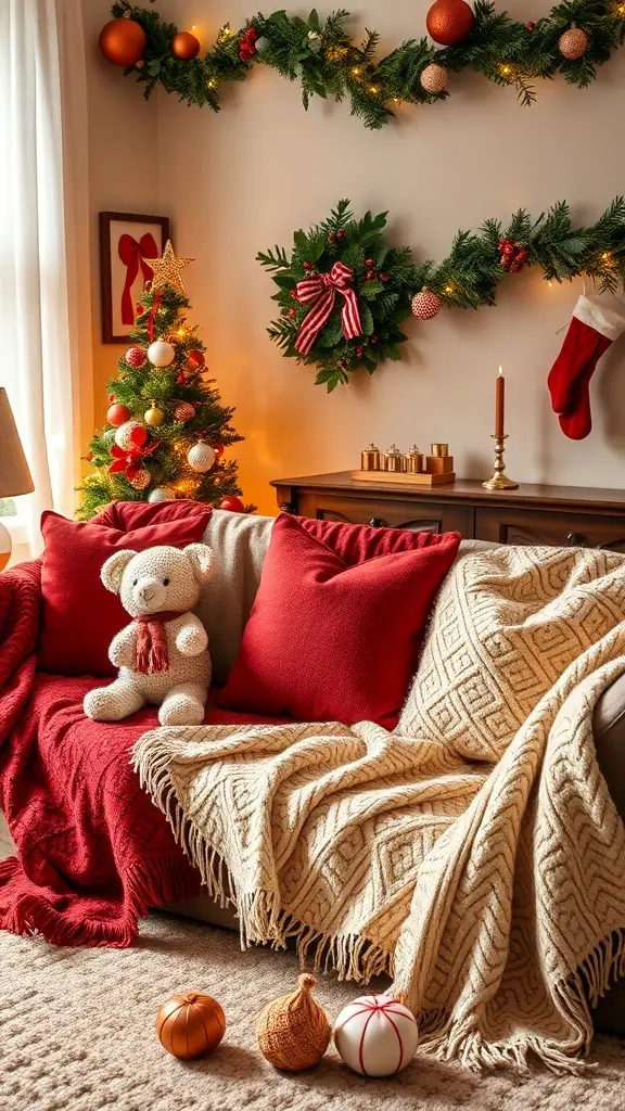 A cozy Christmas living room with a sofa covered in plush textiles, festive decorations, and a teddy bear.