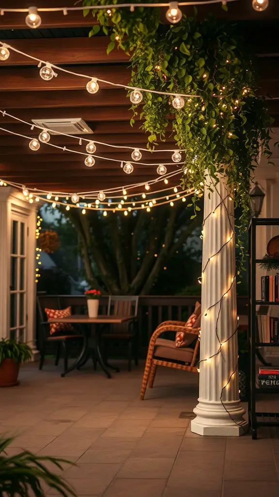 A cozy patio decorated with twinkling string lights and greenery, creating a warm and inviting atmosphere.