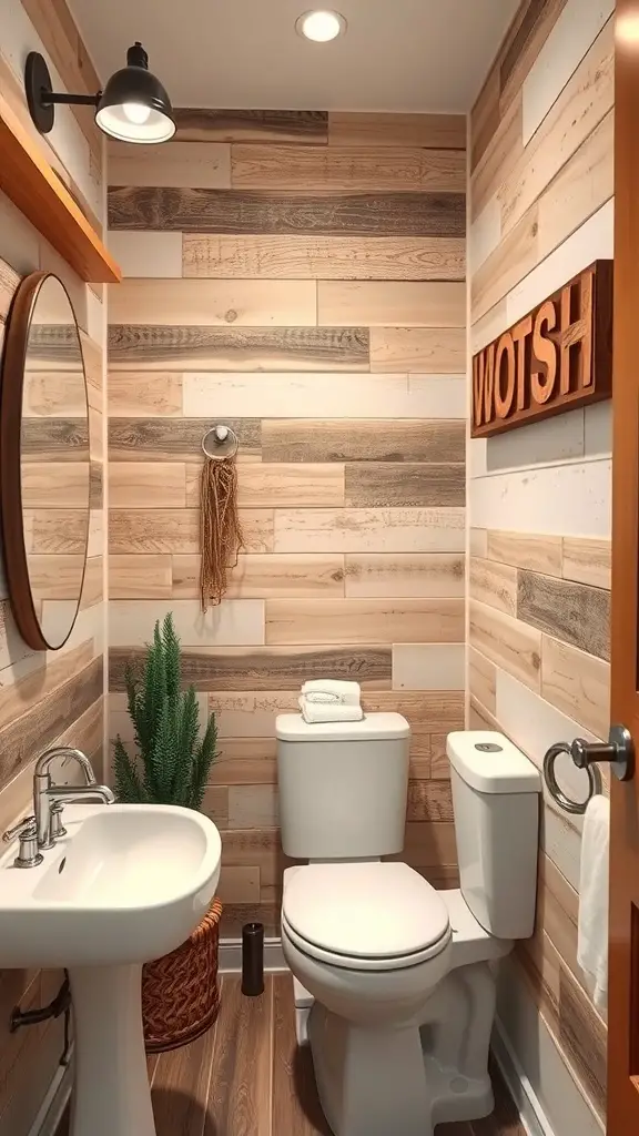 Small bathroom with rustic wood accents on the walls and decor.