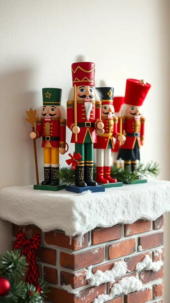 A festive display of colorful nutcracker figures on a brick chimney, decorated with faux snow and greenery.