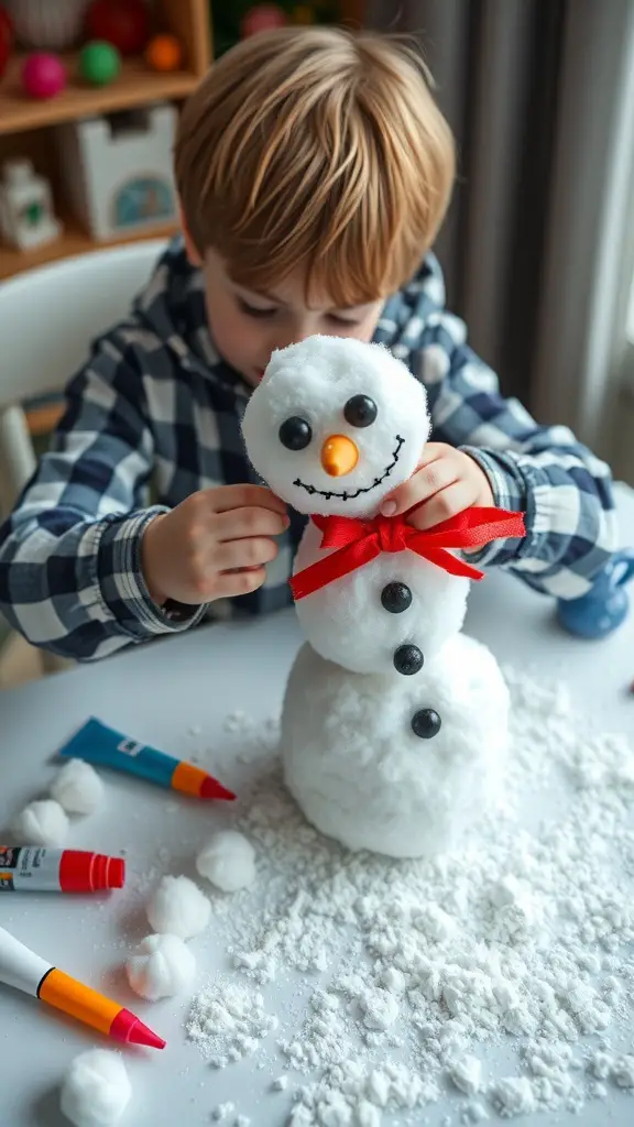 A child building a snowman with cotton balls, showing creativity and focus.