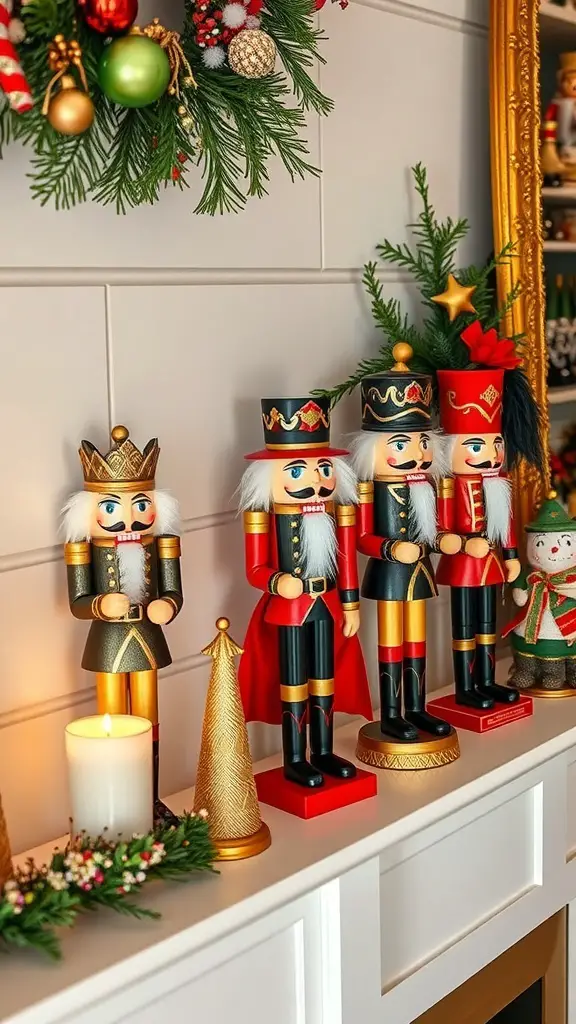A festive display of traditional nutcracker figures on a mantel, surrounded by holiday decorations.