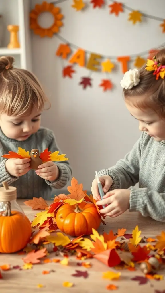 29+ Creative Thanksgiving Party Ideas to Celebrate in Style 5 Two children crafting Thanksgiving decorations with colorful leaves and pumpkins.