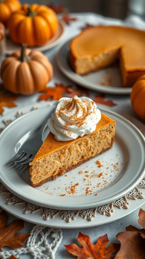 27+ Delightful Thanksgiving Desserts You Need to Try 4 A slice of pumpkin spice cheesecake topped with whipped cream and cinnamon, surrounded by small pumpkins and autumn leaves.