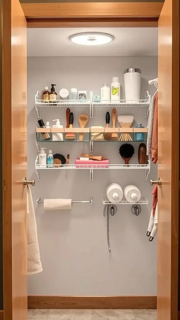 25+ Bathroom Closet Organization Ideas You’ll Love 6 Organized bathroom closet door with shelves and hooks for storage.