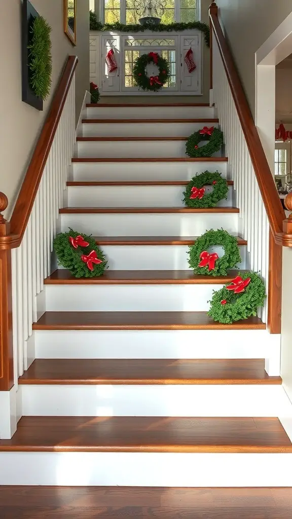 25+ Creative Christmas Staircase Decor Ideas to Transform Your Home 5 Staircase decorated with small green wreaths and red bows on each step