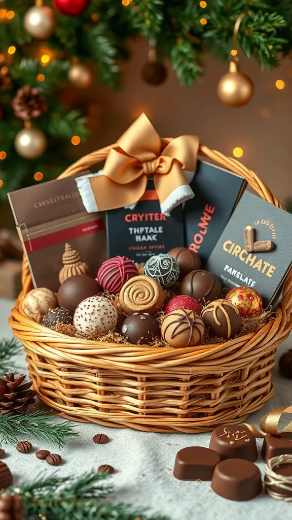 A beautifully arranged artisan chocolate gift basket with various chocolates and a festive bow.