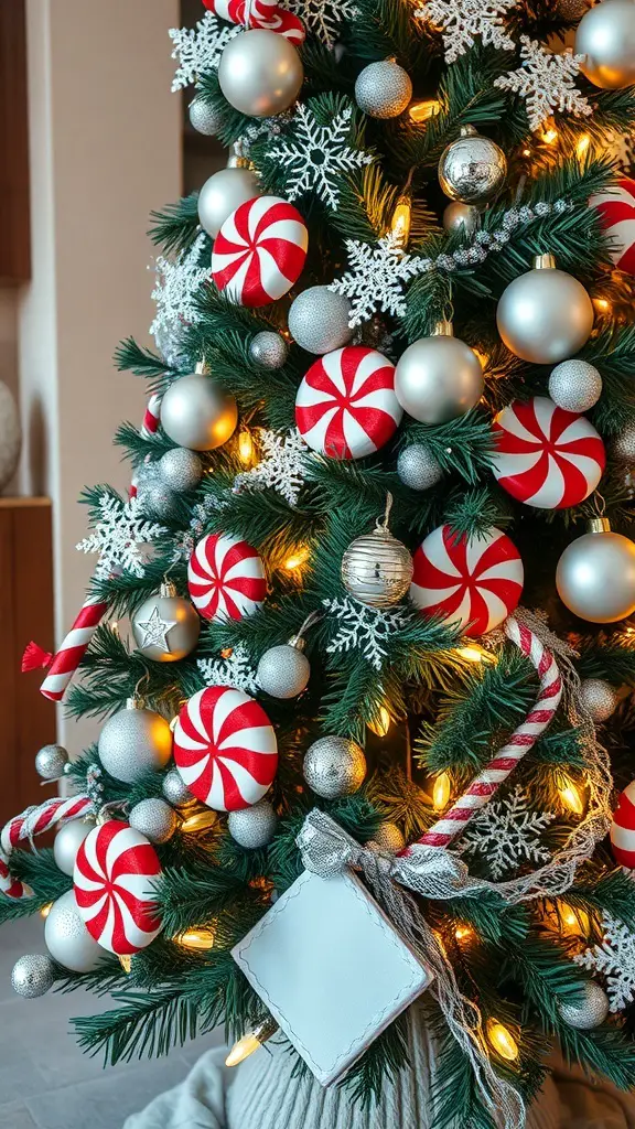 A beautifully decorated Christmas tree featuring peppermint and silver ornaments, with snowflakes and warm lights.