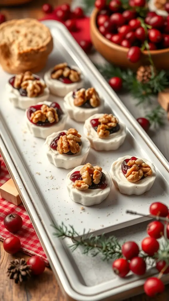 27+ Must-Try Christmas Snacks for Your Holiday Party 5 A platter of cranberry brie bites topped with walnuts, surrounded by fresh cranberries and pine branches.