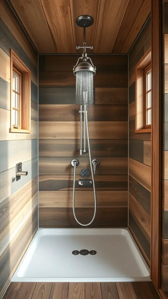 27+ Inspiring Rustic Walk-In Shower Ideas You’ll Love 5 A rustic walk-in shower featuring reclaimed wood walls and modern fixtures.