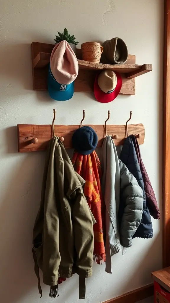 A functional coat rack made from scrap wood, featuring a shelf for hats and hooks for jackets.