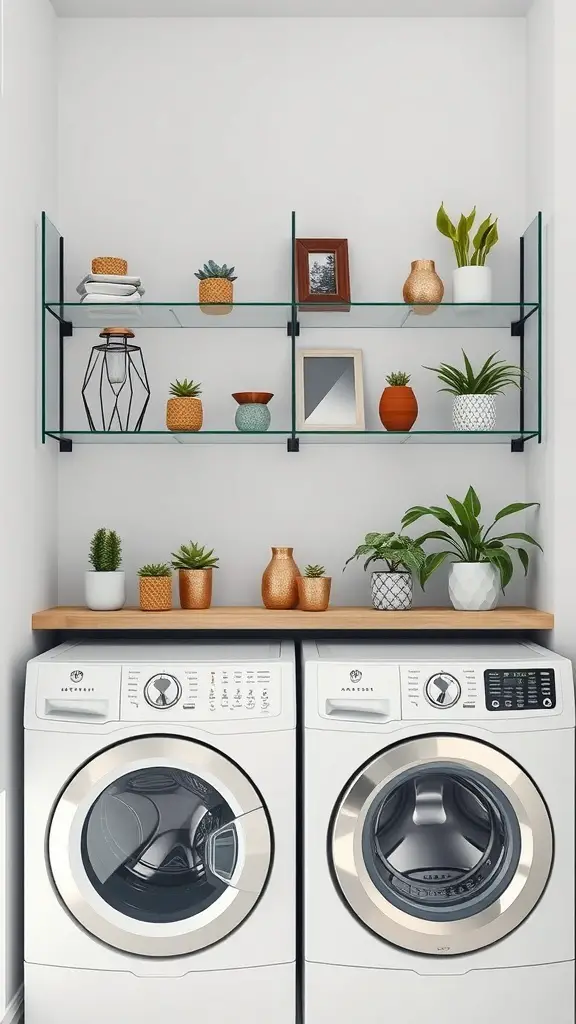 27+ Creative Over Washer and Dryer Shelf Ideas for a Stylish Laundry Room 11 A modern laundry area featuring glass shelves above a washer and dryer, decorated with plants and vases.
