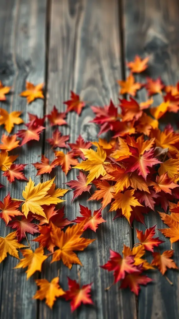 A rustic display of autumn leaves in vibrant colors on a wooden surface.