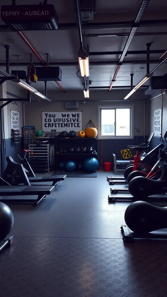 23+ Creative Garage Conversion Ideas for Your Home 4 A well-equipped garage fitness studio with various exercise equipment and motivational decor.