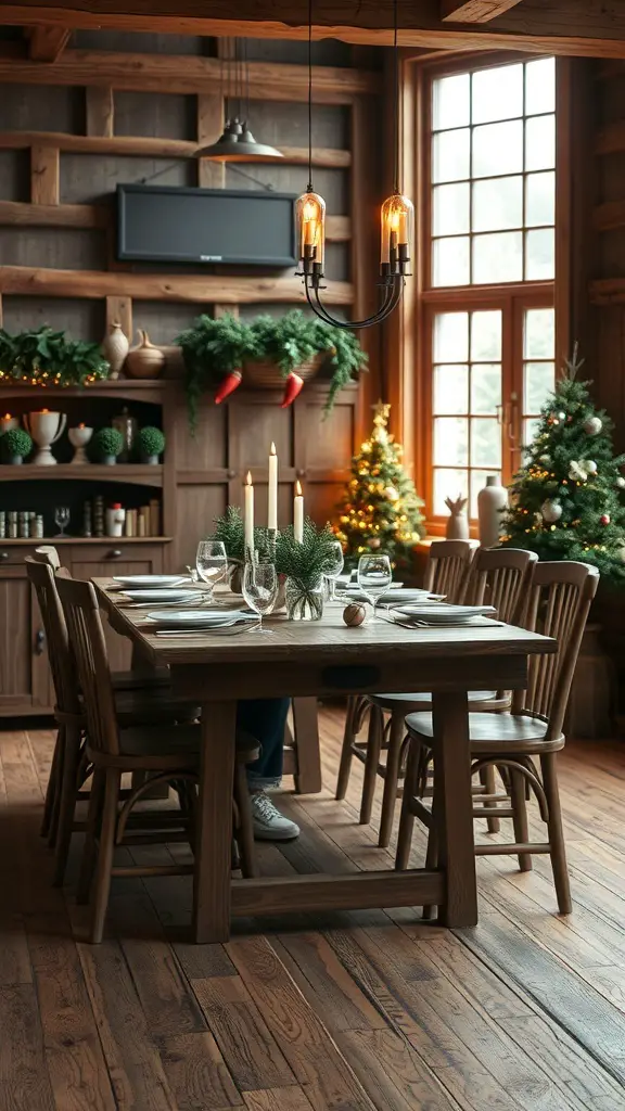 A rustic farmhouse dining room decorated for Christmas with a wooden table, greenery, and festive lights.