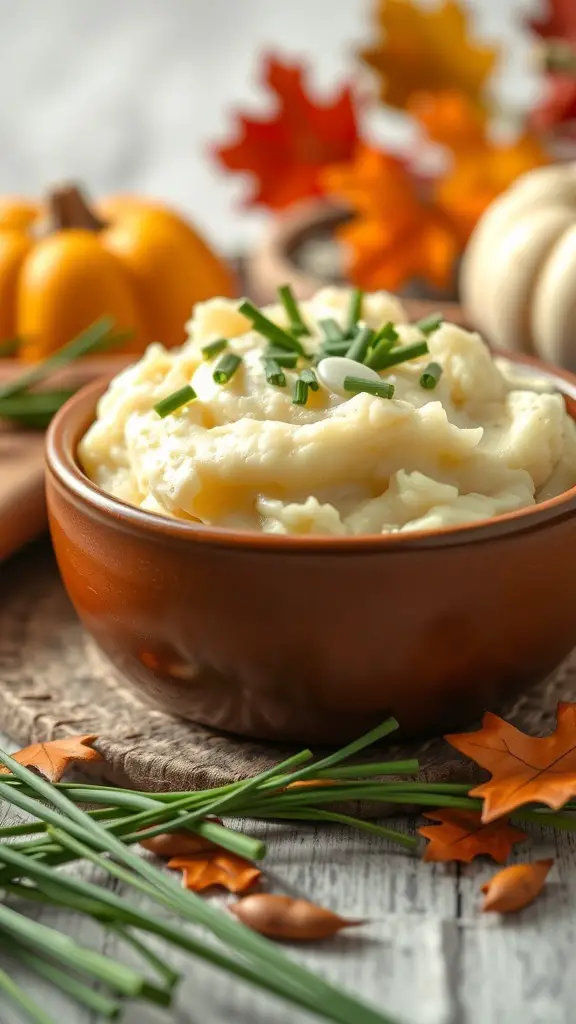 27+ Must-Have Dishes for the Ultimate Thanksgiving Spread 3 A bowl of creamy garlic mashed potatoes topped with chives, surrounded by autumn leaves and pumpkins.