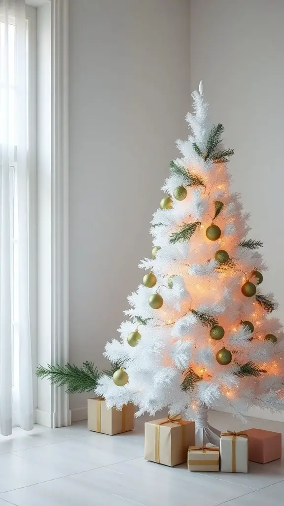 A minimalist white Christmas tree with green highlights, decorated with warm lights and surrounded by wrapped gifts.