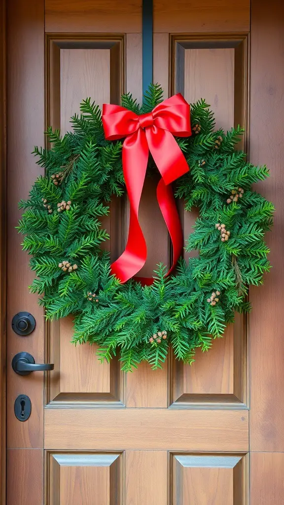 A green evergreen wreath with a red bow hanging on a wooden door.